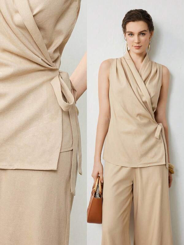 Uhlyne 2pcs/Set Women Casual Commute Linen Cowl Neck Wrap Top And Linen Pants Suit,Autumn,Minimalist,Business Casual,Holiday Outfits,Work Wear,Teacher Outfits,Back To School,Fall,Old Money Style