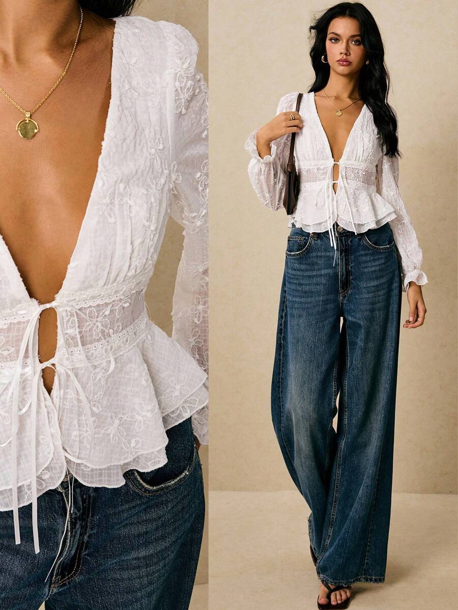 Poéselle 女式花卉刺绣深 V 领性感时尚衬衫