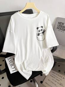 INAWLY Camiseta gráfica de mujer con estampado de panda de dibujos animados y hombros caídos de talla grande - Blanco - Ver 1