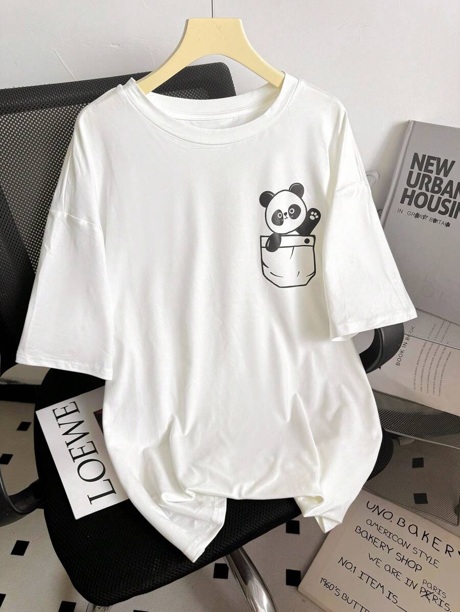 INAWLY Camiseta gráfica de mujer con estampado de panda de dibujos animados y hombros caídos de talla grande - Blanco - Ver 1