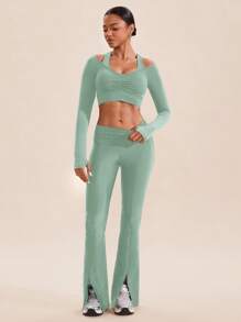 VARSIVA 女士纯色褶皱插肩袖短款运动T恤 - 薄荷綠 - 查看 3