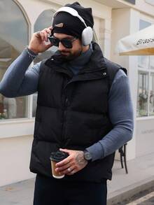DAZY Men's Solid Color Thermal Thickened Black High Collar Vest Jacket, Winter - Black - View 6