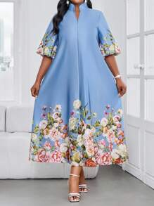 SHEIN Lady CURVE 春夏优雅通勤办公休闲波西米亚风休闲外出蓝色印花编织缎面V领舞会礼服主教袖A字连衣裙束腰连衣裙中长袖加大码连衣裙优雅女装优雅服装女士夏季服装女士夏季连衣裙白色连衣裙优雅优雅白色连衣裙，女士正式连衣裙 - 藍色 - 查看 5