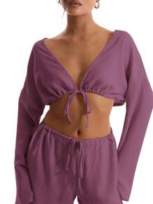 MUSERA 亚麻质感系带宽袖沙滩上衣，度假波西米亚风，春季性感优雅，伊比沙岛度假必备，优雅夏季 - 紫色 - 查看 5