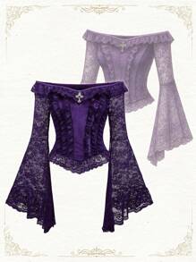ROMWE Gothic Palace Style Cross Decor Contrast Lace Flared Sleeve Off-Shoulder Velvet Blouse For Women - Purple - View 5