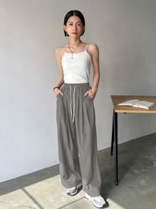 FRIFUL 女式纯色抽绳腰口袋阔腿休闲裤 - 灰色 - View 2
