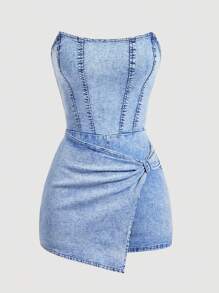 SHEIN MOD Vestido de tubo de mezclilla con diseño de torsión y dobladillo asimétrico para mujer de talla grande - Azul - Ver 1