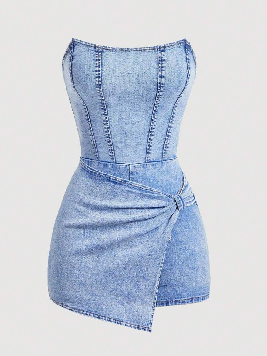 SHEIN MOD Vestido de tubo de mezclilla con diseño de torsión y dobladillo asimétrico para mujer de talla grande - Azul - Ver 1