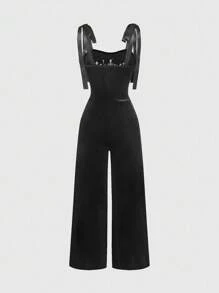 ROMWE Goth Gotisch-romantischer Mori-Stil Damen Bodysuit mit Strass-Kristall-Tropfen, Stern-Stickerei und Schnürung am Rundhalsausschnitt - Schwarz - Übersicht 3