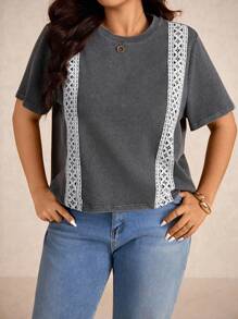 Elaquor Damen Große Größen Lässig Mode Street Spitze Patchwork Kurzarm Washed T-Shirt, Sommer - Grau - Übersicht 3