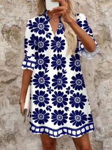 SHEIN Clasi Blue & White Vacation Printed Mini Dress,Vacation Outfits Woman  ,Sundresses For Women Vacation Dress Boho Suitable For Going Out