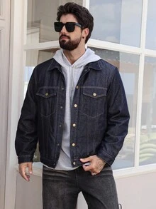 DAZY 厚牛仔面料冬季保暖海军蓝男式夹棉外套 - 寶藍色 - 查看 3