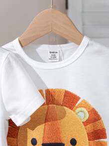 Conjunto de 4 piezas para bebé niño, izquierda: Camiseta blanca con estampado de jirafa + pantalones cortos verde fresco, lleno de encanto infantil; derecha: Camiseta con estampado de león + pantalones cortos de cintura elástica naranja, moda y juguetona - Multicolor - Ver 8