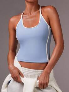 Athîral 女式简约撞色修身短款工字背心，夏季 - 藍色 - 查看 1