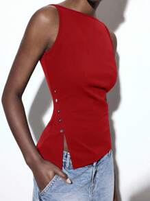 Maija Women's Red V-Neck Cold-Shoulder Camisole, Solid Color Ruched Asymmetric Hem Side Slit Fashionable Versatile Casual Blouse For Urban, Business Casual - Red - View 3