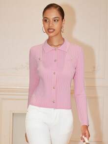 Chiquease Cárdigan casual de mujer de un solo botonadura, de unicolor y de manga larga con costillas - Rosado Sandía - Ver 1