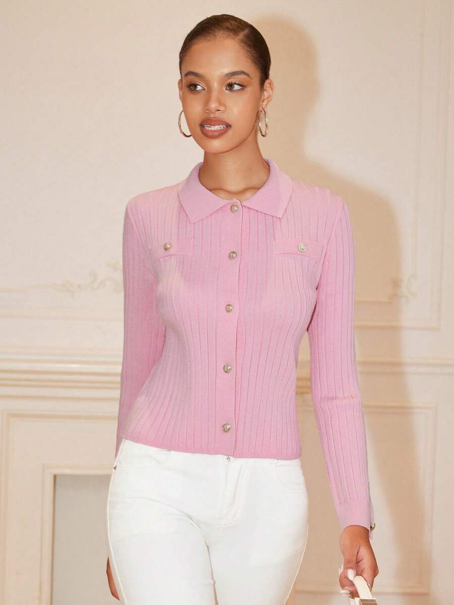 Chiquease Cárdigan casual de mujer de un solo botonadura, de unicolor y de manga larga con costillas - Rosado Sandía - Ver 1