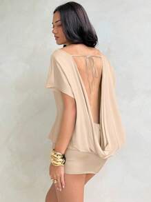 Aloruh Váy ngắn nữ hở lưng thanh lịch, dây buộc - Màu be - Xem 2