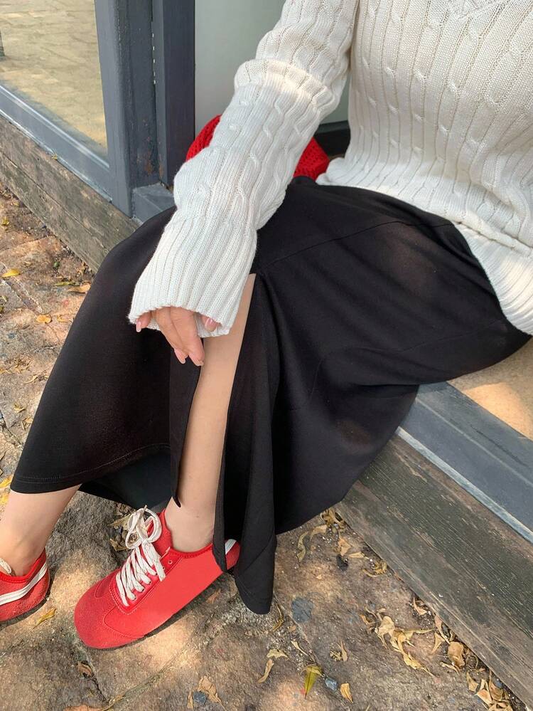 Dazy Plus Elastic Waist Drawstring Tie Straight Slit Knit Versatile Plus Size Women Skirt Fall Skirts