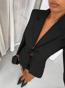 SHEIN SXY 女士翻领长袖通勤系带蝴蝶结西装外套 - 黑色 - 查看 1