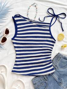 Soleia Women's Vacation Red & White Striped Knit Asymmetrical Neck Fitted Top, Suitable For Party, Christmas, Date, Beach, Cruise, Carnival, Summer Striped Tank Top Striped Summer Top Summer Tops Women Blue And White Striped Top Knit Tank Top