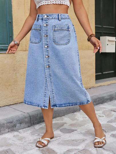 EMERY ROSE Mature Denim Plus Size Women Single-Breasted Dual Pocket Casual Denim Skirt Summer Boho Festival Teacher Front Pocket Fitted Long Denim Skirt