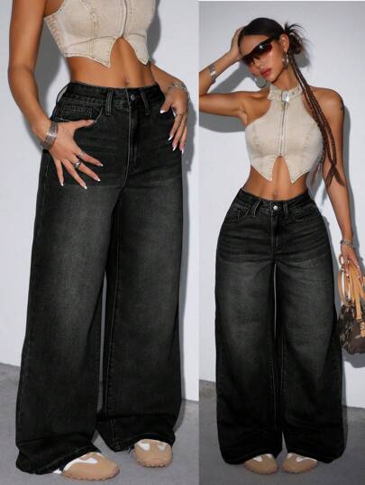 SHEIN ICON Women's Loose Straight Leg Blue Denim Jeans,Wide Leg Women Pants,Baggy Women Pants,Women Jeans Pants