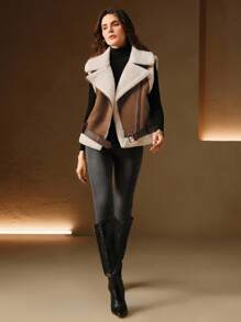 Anewsta 女式秋冬仿羊毛绒和麂皮拼布翻领背心夹克 - 摩卡棕 - 查看 1