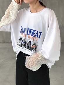 FRIFUL Women's White Round Neck Drop Shoulder Sheer Lace Patchwork Chest Print Loose Casual Versatile T-Shirt, Autumn - White - View 3