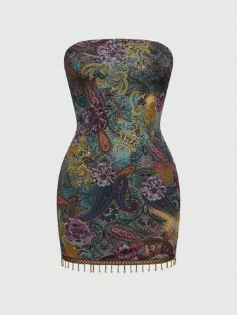 Cute Tropical Vintage Hippie Paisley Print Mesh Patchwork Tassel Hem Strapless Mini Dress, Suitable For Graduation, Easter, Concert, Nashville Vacation, Elegant