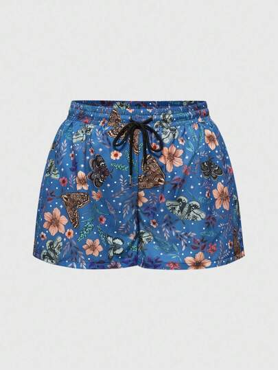 Plus Size Women Gothic Butterfly Moth & Floral All-Over Print Shorts