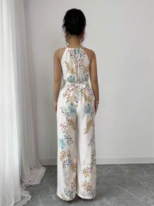 Elenzga 女式休闲杏色花卉印花串珠挂脖抽绳腰长款连体裤，春夏 - 彩色 - 查看 2