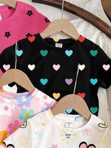 SHEIN Happikins 4pcs/Set Young Girl Casual Basic Round Neck Short Sleeve T-Shirts, Suitable For Spring & Summer, School, Campus, College - Multicolor - View 6