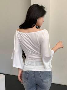 Celisse Camiseta de mujer de unicolor elegante, de punto, con mangas acampanadas y alta elasticidad