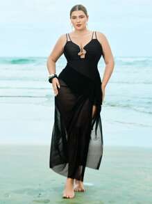 Swim Oasis Plus Size Women's Black One-Piece Swimsuit With Dual Straps & Ruffle Trim, Paired With Black Mesh Skirt, 2pcs Set For Beach Vacation For Summer