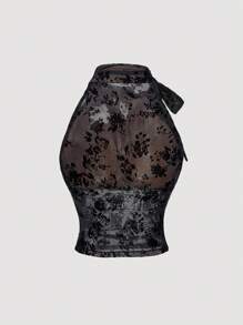 SHEIN MOD 女式无袖时尚修身迷人立领蝴蝶褶饰系带杏色衬衫、秋季上衣、女式工作上衣、俱乐部上衣、职业上衣、秋装 - 黑色 - 查看 3