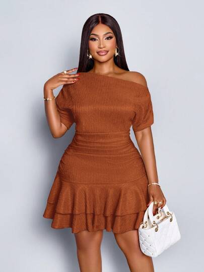 SOLERSUN Women's Elegant Party Daytime Apricot Knitted Asymmetrical Neck Neck Long Sleeves Gathered Double Ruffle Mini Dress