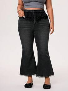 SHEIN ICON Quần jeans denim rách cỡ lớn có viền ren bất đối xứng và ống loe - màu đen - Xem 1