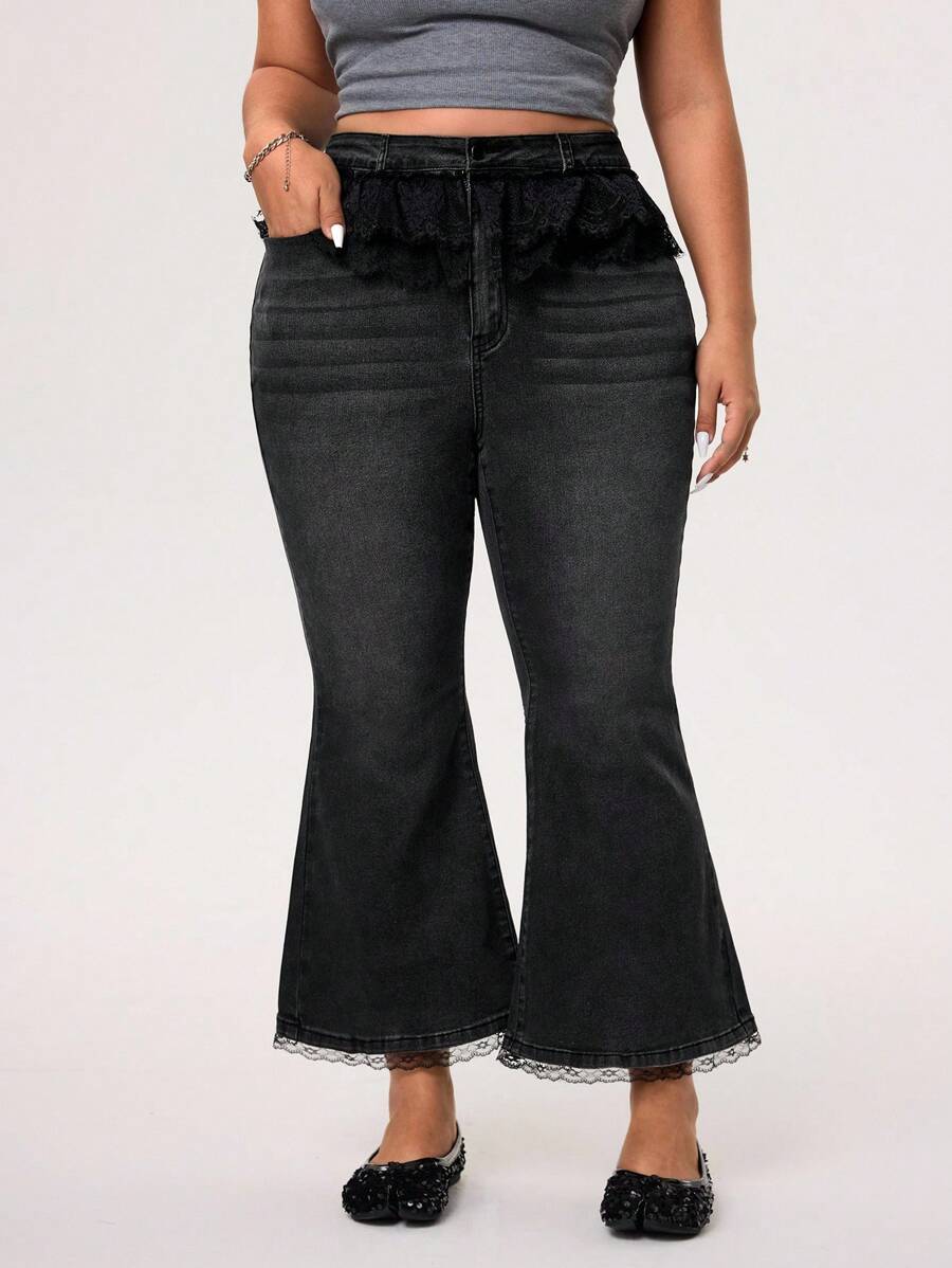 SHEIN ICON Quần jeans denim rách cỡ lớn có viền ren bất đối xứng và ống loe - màu đen - Xem 1
