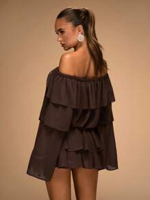 SHEIN BAE Women's Chocolate Solid Color Off-The-Shoulder Ruffle Hem Twist Long-Sleeved Dress Brown Boho Flowing Western Cowboy Girl, - Brown - View 2