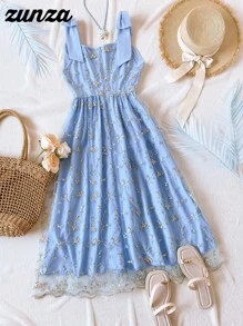 Elegant Embroidered Textured Mesh Skirt For Teen Girls - Blue - View 2