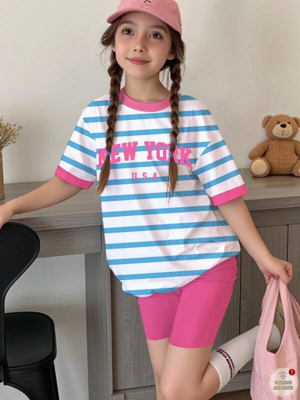 2 piezas Set de camiseta de manga corta y pantalones cortos con estampado de letras "New York" y rayas casuales para niñas preadolescente, adecuado para volver a la escuela, estilo Collegiate, verano