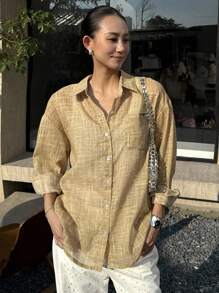 DAZY 女士宽松长袖亚麻字母刺绣衬衫，秋冬休闲领上衣 - 棕色 - 查看 5