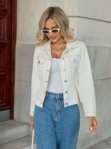 EMERY ROSE 女式休闲街头风格纽扣牛仔夹克 - 白色 - 查看 5
