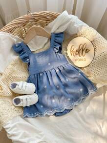 Babygirl Cute Vacation Blue Floral Pattern Cap Sleeve Romper