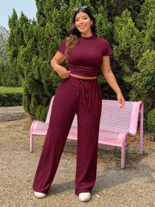 SHEIN EZwear 2 件套加大码纹理针织上衣和抽绳裤套装，休闲 - 酒紅色 - 查看 3