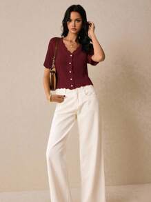 Poéselle Blusa de punto casual de mujer con cuello en V arqueado y manga corta, de un solo abotonado y unicolor - Burdeos - Ver 2