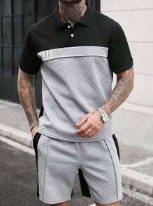 Manfinity CasualCool Men's Premium Grey Jacquard Wheat Texture Polo Shirt And Shorts Set,2 Pieces Casual Streetwear Summer Outfit For City Break,Minimalist Daily Wear - Multicolor - View 4
