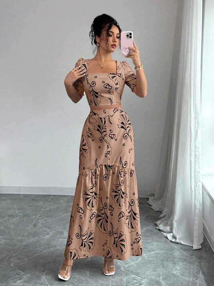 Elenzga Conjunto de 2 piezas con blusa de manga corta con diseño de puño y estampado floral + falda con abertura en el bajo, elegante para vacaciones y uso diario - Marrón - Añade 3