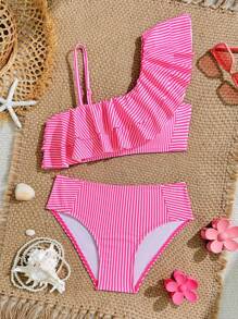 Conjunto de bikini a rayas amarillas para niñas preadolescentes, traje de baño de 2 piezas con parte superior con volantes, elegante y de moda, adecuado para nadar, vacaciones y verano - Rosa Fucsia - Ver 1